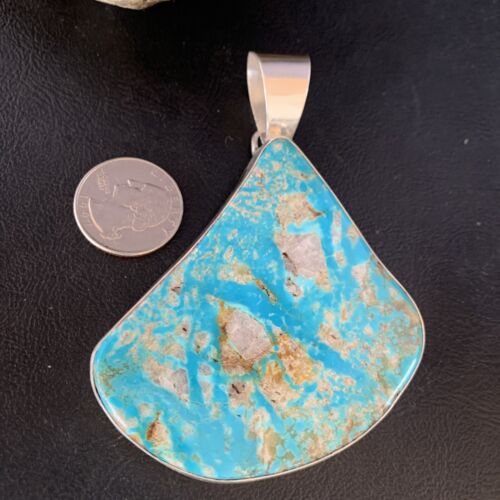 Navajo Men's Kingman Turquoise Necklace | XXL | Sterling Silver | 4" Pendant | Authentic Native American Handmade | 13984
