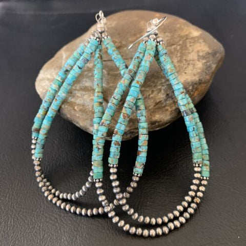 XL Turquoise Heishi American Sterling Navajo Pearls Beads Earrings 4