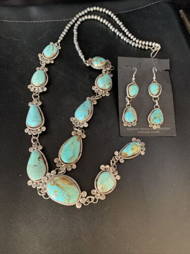 Navajo Sterling Silver Lariat Necklace 30" | Blue #8 Turquoise Earrings | Native American Handmade | 13770