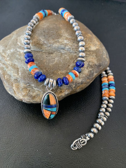 Navajo Native American Multi-Color Turquoise Spiny Inlay Pendant Necklace | Sterling Silver | 10660
