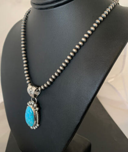 Men's Navajo Pearls Necklace with Blue Kingman Turquoise Pendant | Sterling Silver | Authentic Native American Handmade | 839