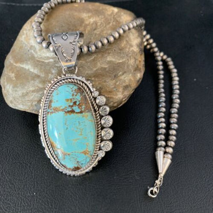 Navajo Pearls Sterling Silver Necklace with Blue #8 Turquoise Pendant | 3" | Authentic Native American Handmade | 13937 - Masha USA