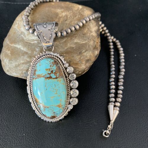 Navajo Pearls Sterling Silver Necklace with Blue #8 Turquoise Pendant | 3" | Authentic Native American Handmade | 13937