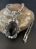 Native American Men's Navajo Pearls Necklace Pendant | Sterling Silver Black Onyx | 13091