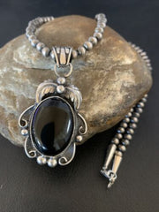 Native American Men's Navajo Pearls Necklace Pendant | Sterling Silver Black Onyx | 13091