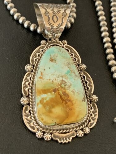 Navajo Royston Turquoise Pendant Necklace | Sterling Silver | Authentic Native American Handmade | 2129