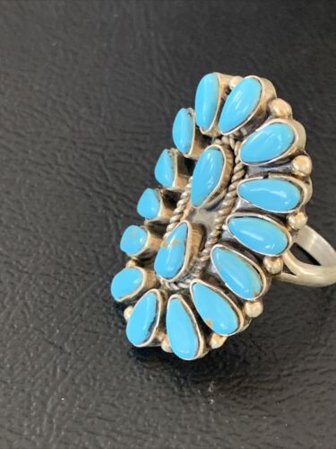 Navajo Blue Cluster Turquoise Needlepoint Ring | Authentic Native American Sterling Silver | Multi-Stone | Sz 8 | 11941