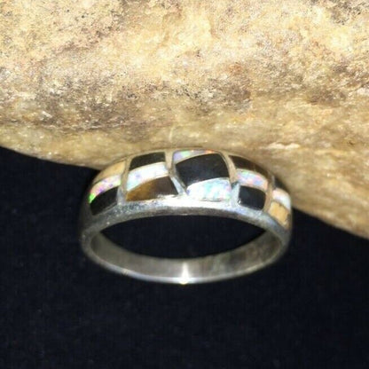 Navajo Men's White Opal & Black Onyx Inlay Ring | Sterling Silver | Sz 13.5 | Authentic Native American | 01789