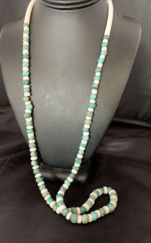 Authentic Native American Santo Domingo Necklace | Blue Turquoise & White Shell Beads | 34" | 13198