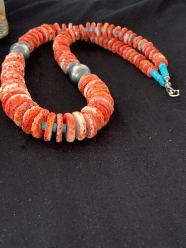Red Spiny Oyster & Blue Turquoise Graduated Necklace | Sterling Silver | Authentic Native American | 25" | 13712