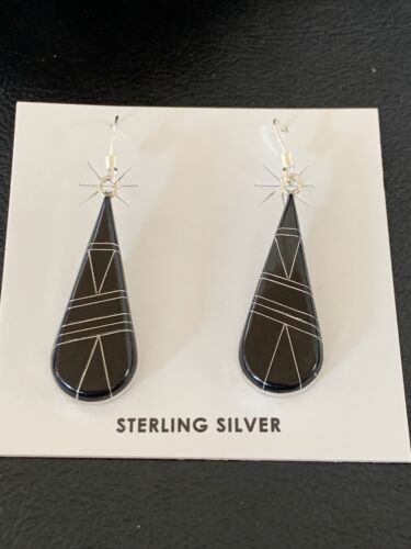 Navajo Black Onyx Inlay Dangle Drop Earrings | Sterling Silver | 1.5" | 12312 - Masha USA