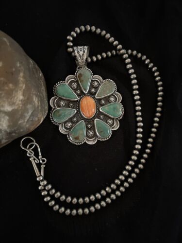 Navajo Spiny Oyster & Turquoise Cluster Pendant Necklace | Sterling Silver | Native American Handmade | 1119