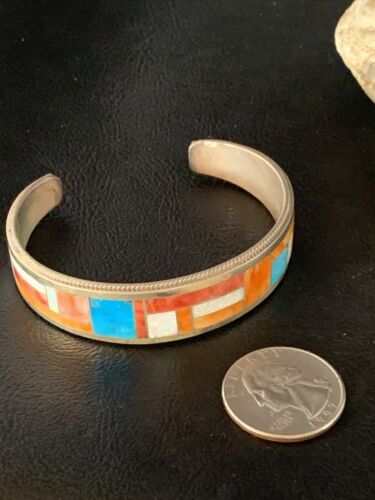 Zuni Orange Spiny Oyster Opal Inlay Cuff Bracelet | Sterling Silver | Authentic Native American Handmade | 14159