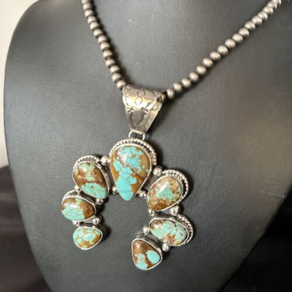 Navajo Blue #8 Turquoise Squash Blossom Necklace Pendant | Authentic Native American Sterling Silver | Naja | 14241