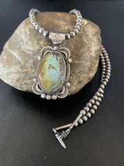 Men's Navajo Pearl Necklace with Blue Golden Hills Turquoise Pendant | Sterling Silver | 10319