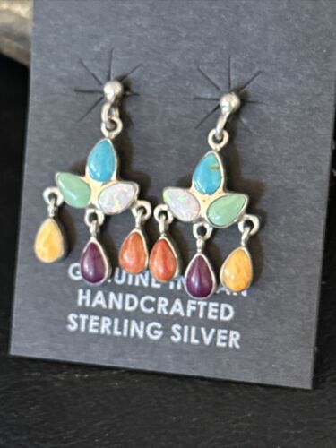 Navajo Multi-Color Turquoise Spiny Opal Inlay Sterling Earrings 1" | Handmade | 14410