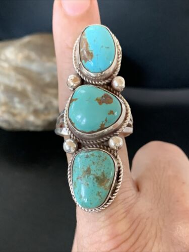 Navajo Blue Turquoise Cluster Ring | Authentic Native American Sterling Silver | Multi-Stone | Sz 10 | 02124