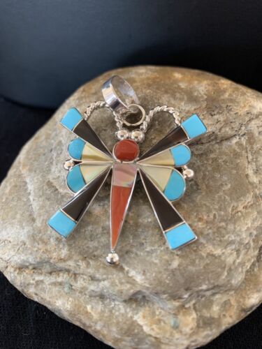 Zuni Turquoise Spiny Oyster Mother of Pearl Butterfly Necklace Pin Pendant | Inlay | Sterling Silver | 1367