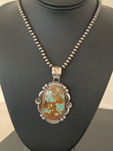 Men's Navajo Pearls Necklace Pendant | Sterling Silver | Blue Turquoise #8 | Authentic Native American Handmade | 00527