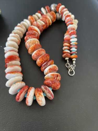 Navajo Turquoise & Red Spiny Oyster Necklace | Sterling Silver | Authentic Native American | Graduated | 22" | 10589 - Masha USA