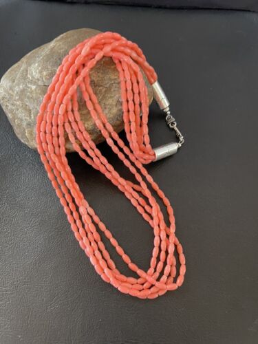 Navajo Pink Coral 5-Strand Necklace | Sterling Silver Barrel Beads | 22" | Authentic Native American | 10436