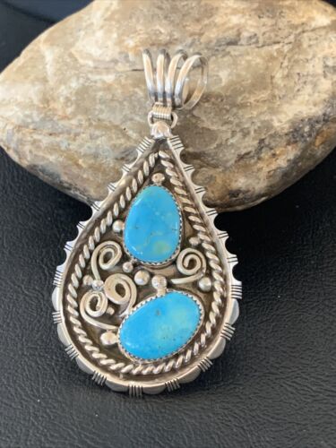 Navajo Blue Turquoise Cluster Pendant | Sterling Silver | 3" | Authentic Native American Handmade | 02103