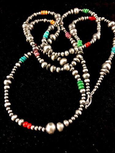 Navajo Pearls Turquoise Coral Bead Necklace | 51" Single Strand Sterling Silver | Southwestern Native American | 8112