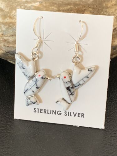 Navajo Sterling White Buffalo Turquoise Hummingbird Dangle Earrings | 1" | Authentic Native American Handmade | 12313