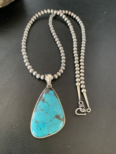 Men's Navajo Blue Spiderweb Turquoise Pendant Necklace | Sterling Silver | Authentic Native American Handmade | 10666