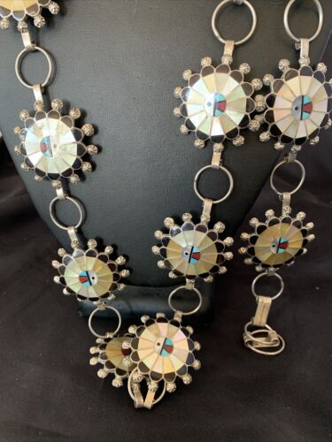 Zuni Old Pawn Sun Face Inlay Concho Belt | Sterling Silver | Native American Handmade | 40" | 12109