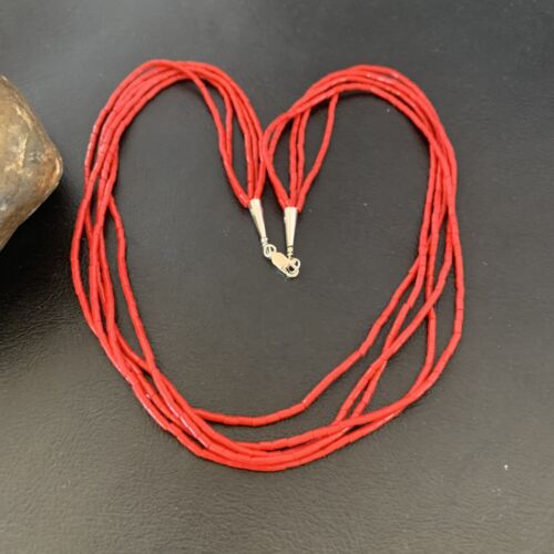 Native American Red Stabilized Coral Heishi Necklace | 5 Strand | Sterling Silver | 20" | 2207