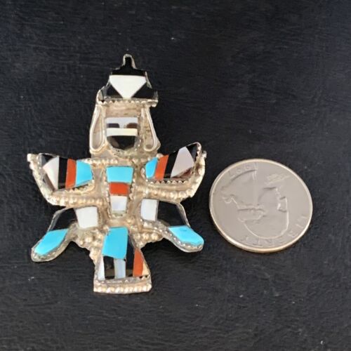 Authentic Native American Zuni Kachina Pin Pendant Necklace | Sterling Silver with Turquoise, Mother of Pearl & Onyx Inlay | 13687