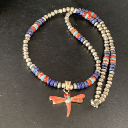Navajo Dragonfly Pendant | Sterling Silver Turquoise Coral Multi-Color Inlay | Authentic Native American Handmade | 13556 - Masha USA