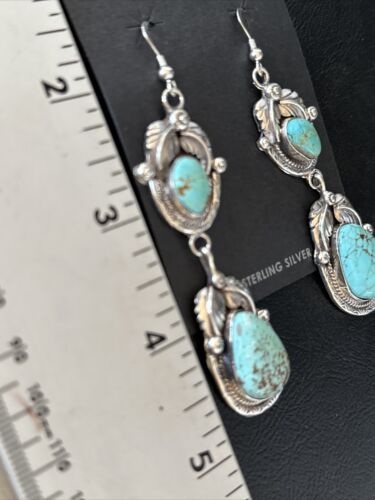 Navajo Blue #8 Turquoise Dangle Earrings | Sterling Silver | Authentic Native American Handmade | 14345