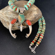 Navajo Pearl Necklace with Royston Turquoise & Coral Naja Pendant | Sterling Silver | 13813
