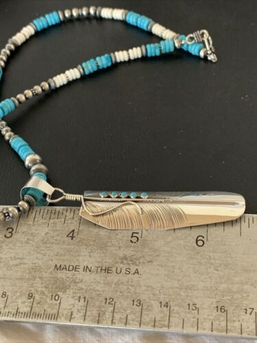 Navajo Turquoise Multi-Stone Feather Pendant | Authentic Native American Sterling Silver | Handmade | 3.5" | 02133