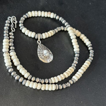 Navajo White Buffalo Turquoise Pendant Necklace | Sterling Silver | Authentic Native American Handmade | 14613