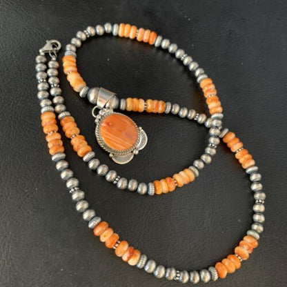 Navajo Orange Spiny Oyster Pendant Necklace | Sterling Silver | Authentic Native American Handmade | N 13650