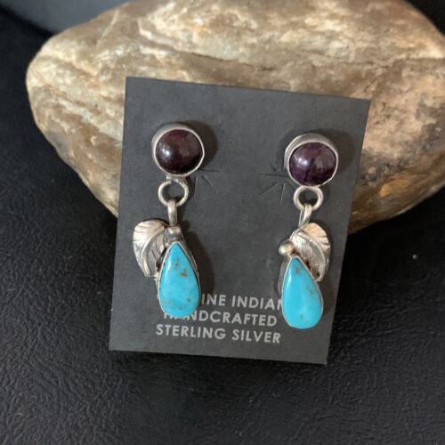 Navajo Purple Sugilite and Blue Turquoise Dangle Leaf Earrings | Sterling Silver | Native American Handmade | 13454