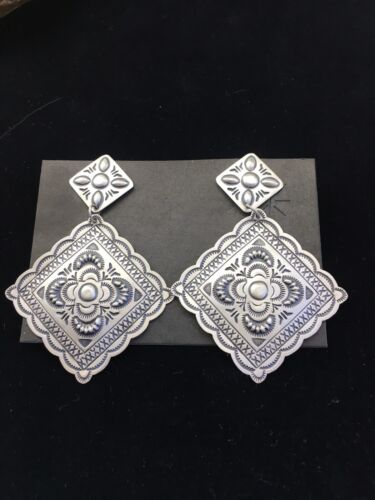 Handmade Sterling Silver Stamped Earrings | Navajo | Authentic Native American Jewelry | 2.75" | 01725