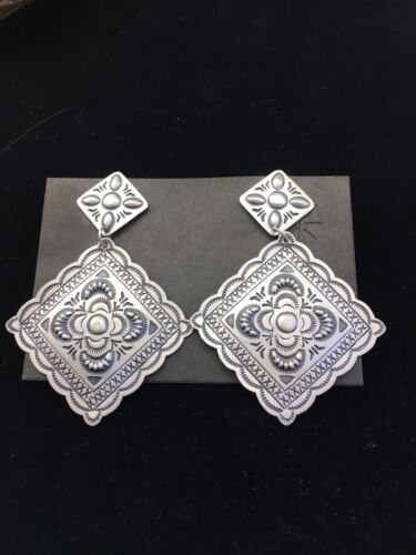 Handmade Sterling Silver Stamped Earrings | Navajo | Authentic Native American Jewelry | 2.75" | 01725 - Masha USA