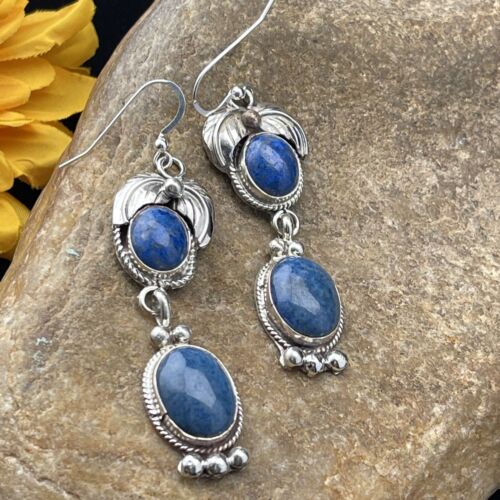 Navajo Denim Lapis Dangle Earrings | Sterling Silver | 2" | Authentic Native American Handmade | 01794