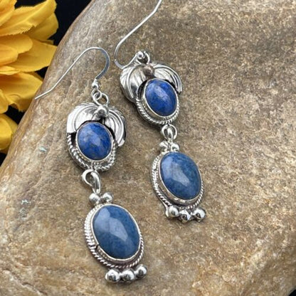 Navajo Denim Lapis Dangle Earrings | Sterling Silver | 2" | Authentic Native American Handmade | 01794