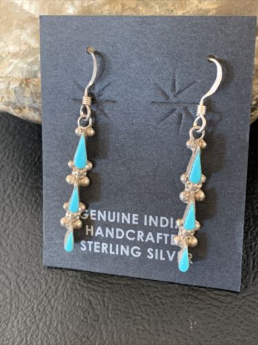 Zuni Handmade Kingman Turquoise Needle Point Dangle Earrings | Sterling Silver | 13024