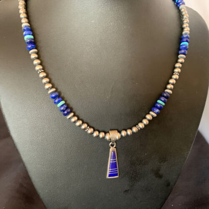 Men's Navajo Pearl Blue Lapis Turquoise Inlay Pendant Necklace | Sterling Silver | 21" | 12610