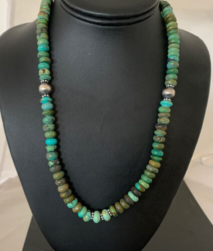 Southwestern Navajo Green Turquoise Bead Necklace | Sterling Silver | 20" | Authentic Native American Handmade | 2001