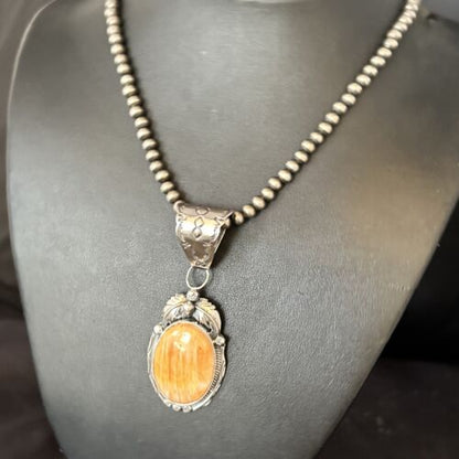 Navajo Pearls Orange Spiny Oyster Necklace Pendant | Sterling Silver | Authentic Native American Handmade | 14719