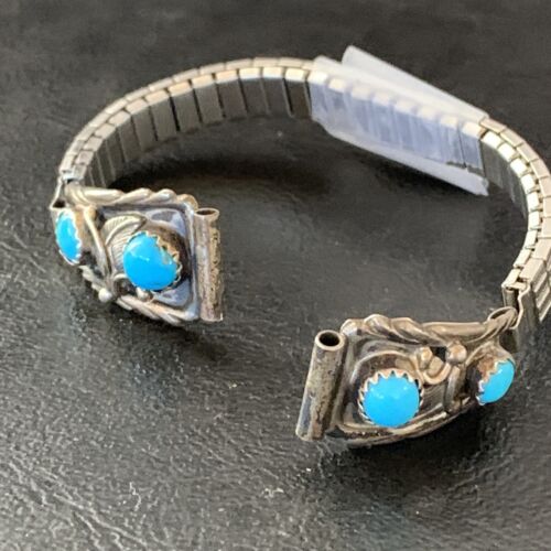 Navajo Sterling Silver Watch Tips | Old Pawn Blue Turquoise Band | Authentic Native American Jewelry | 1638