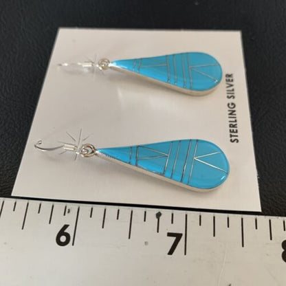 Navajo Blue Turquoise Inlay Dangle Drop Earrings | Sterling Silver | 1.5" | 13311
