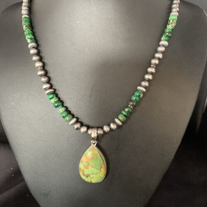 Navajo Green Mojave Turquoise Pendant Necklace | Sterling Silver | Native American Handmade | 13467